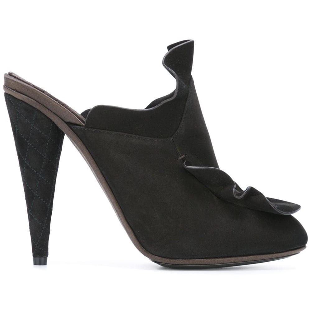 Fendi Black Suede Waves Ruffle Mules 37 /6.5 NIB